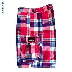 HOLLISTER Cargo Shorts Mens Board Swimming Trunks Large Bright Plaid Colorful